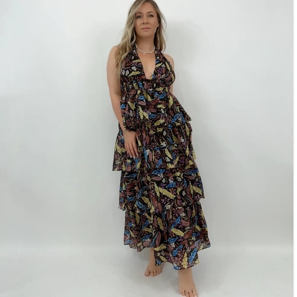 MEET ME IN SANTORINI FLORAL HALTER TIERED RUFFLE FOREST FAIRY MAXI DRESS SIZE XS - Picture 4 of 15